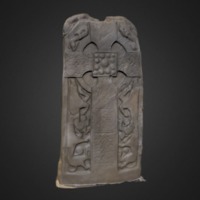 Pictish cross slab from St Madoes, shown in its current state and with recreated colours.